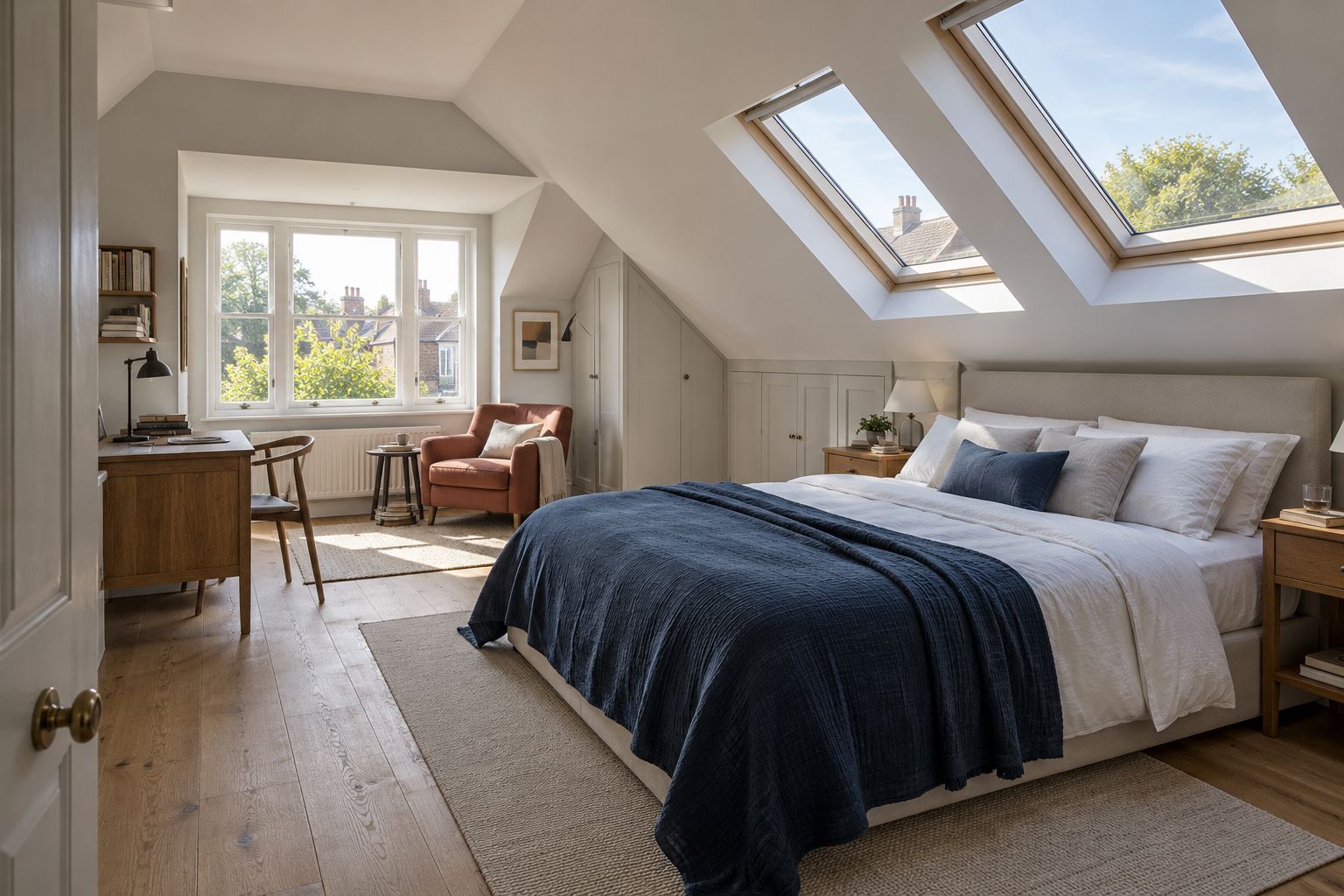 Illustrative loft bedroom with rooflights, a dormer window and a quiet home-office area