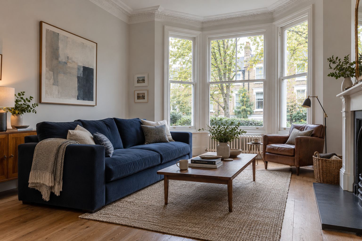 Illustrative period sitting room with tall bay windows and an ink-blue sofa